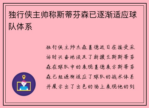 独行侠主帅称斯蒂芬森已逐渐适应球队体系